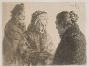 Drei alte Frauen, in Tücher gehüllt
