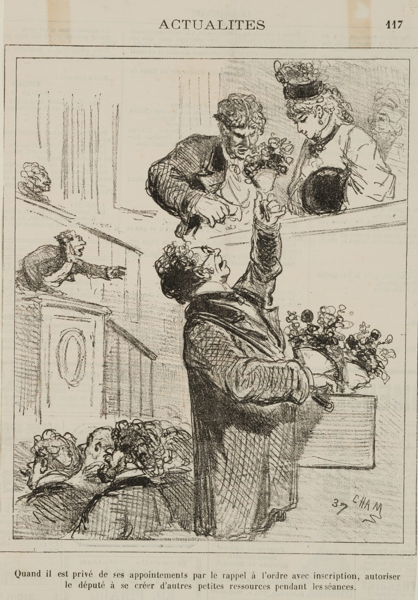 Karikatur. Abgeordneter mit Blumen