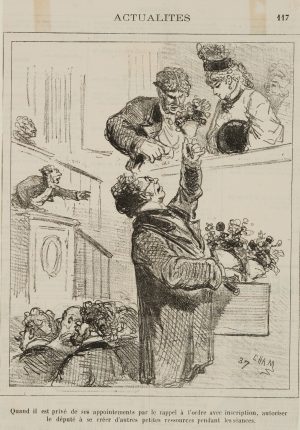 Karikatur. Abgeordneter mit Blumen