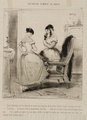 Karikatur. Junge Damen bei der Toilette