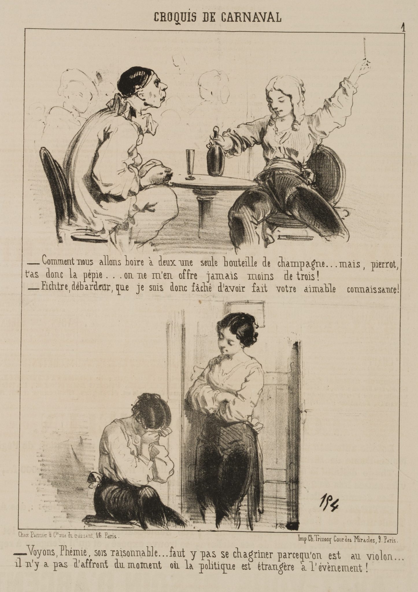 Karikatur. Pierrot und Mädchen
