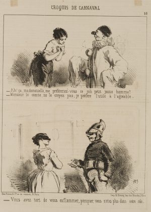 Karikatur. Pierrot und Mädchen
