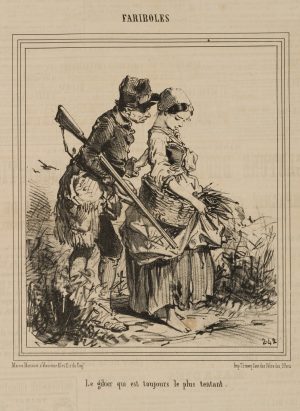 Karikatur. Jäger und Mädchen