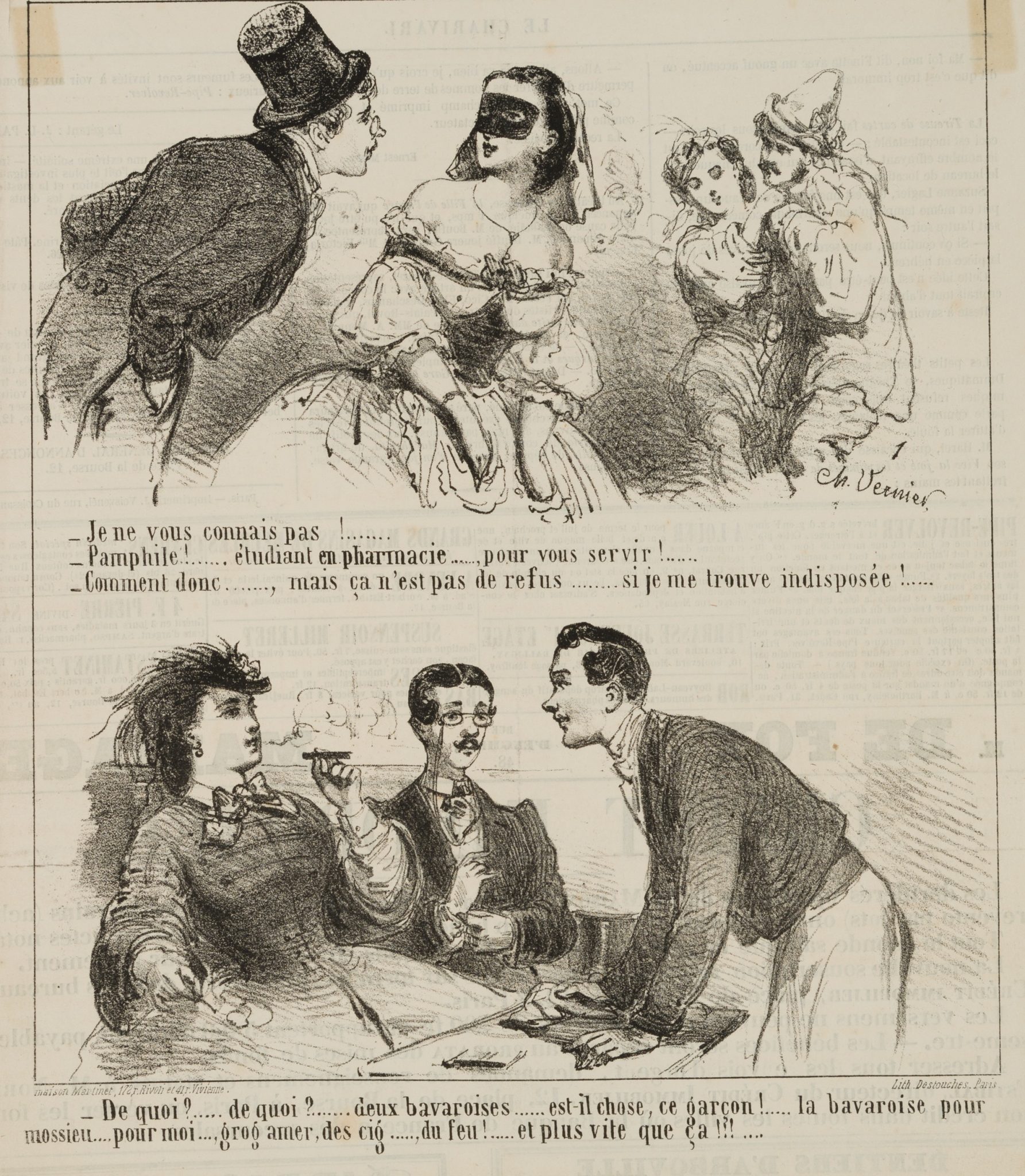 Karikatur. Maskenball und Raucherin