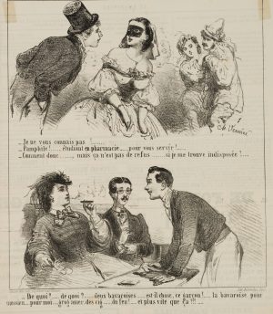 Karikatur. Maskenball und Raucherin