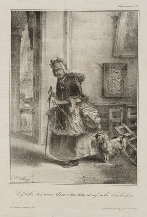Karikatur. Alte Frau mit Hund