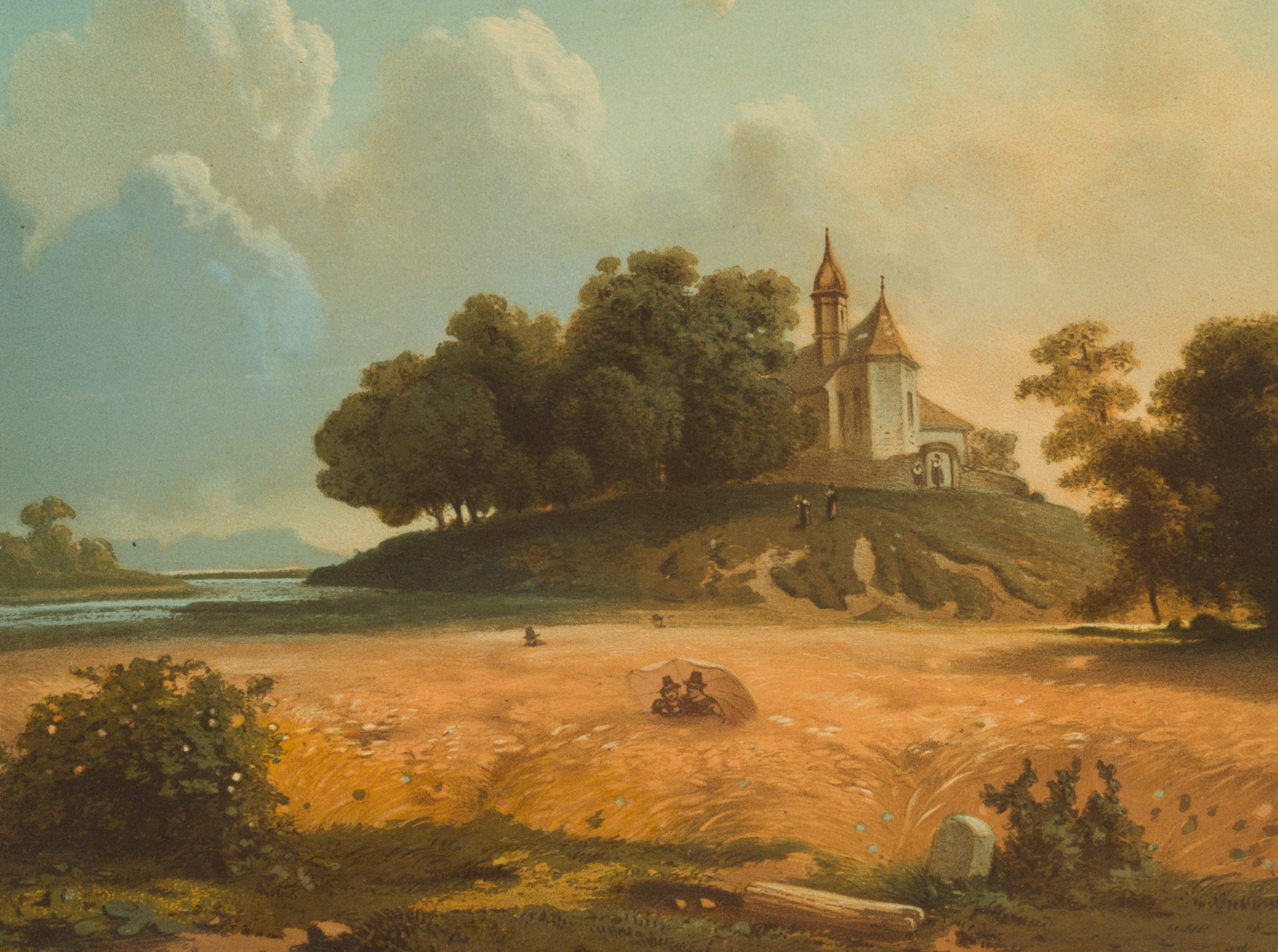 Sommermittag mit Kirche und Wiese