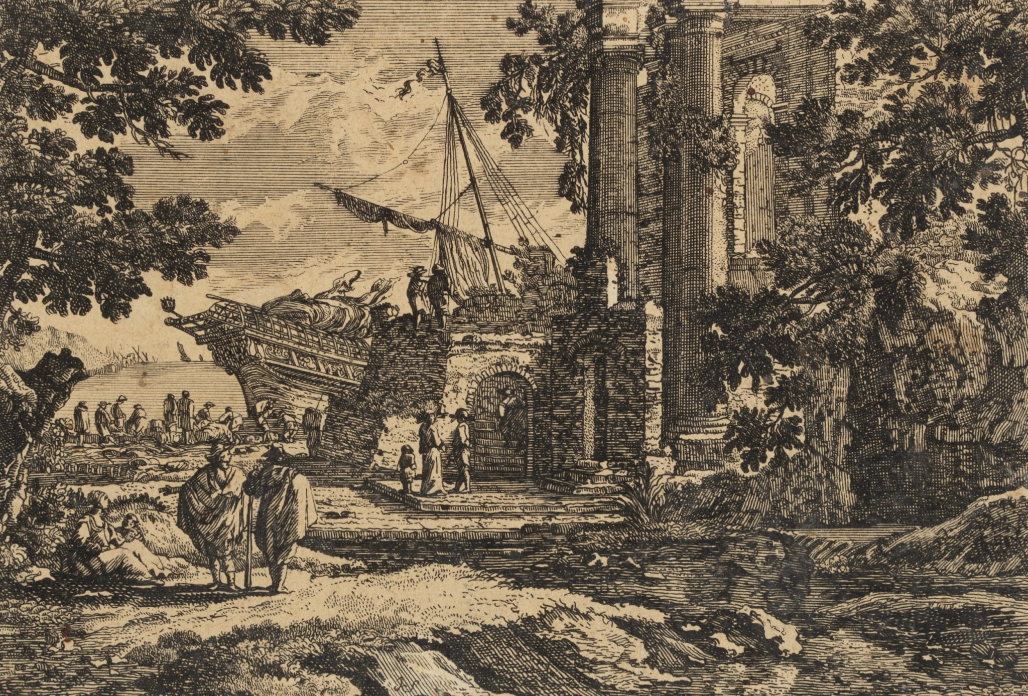 Ruinen vor Hafen mit Segelschiff