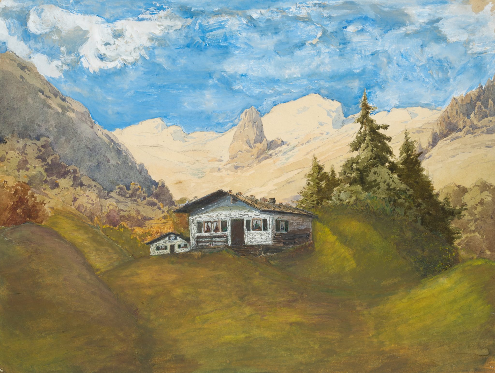 Gebirge mit Alpenhütte