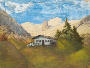 Gebirge mit Alpenhütte