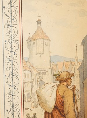 Stadt mit Wanderer