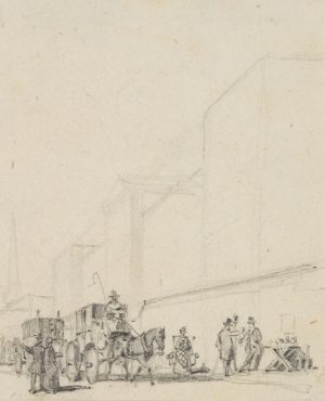 Straße mit Kutschen und Straßenverkäufern