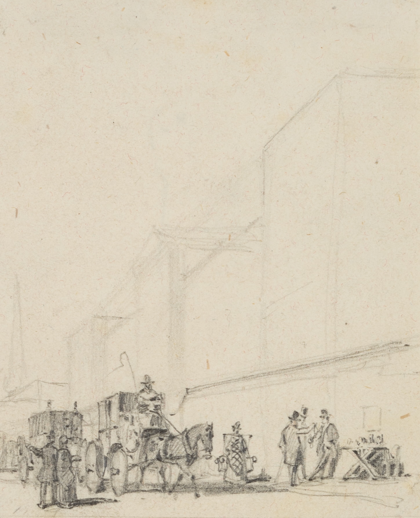 Straße mit Kutschen und Straßenverkäufern