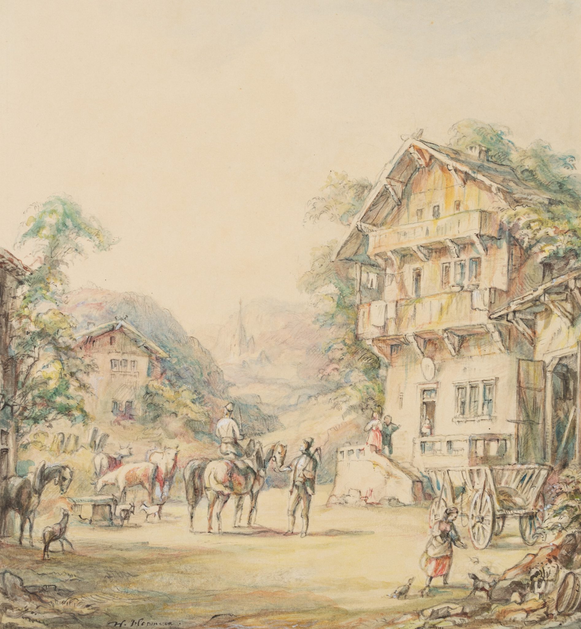 Alpendorf mit wartendem Reiter