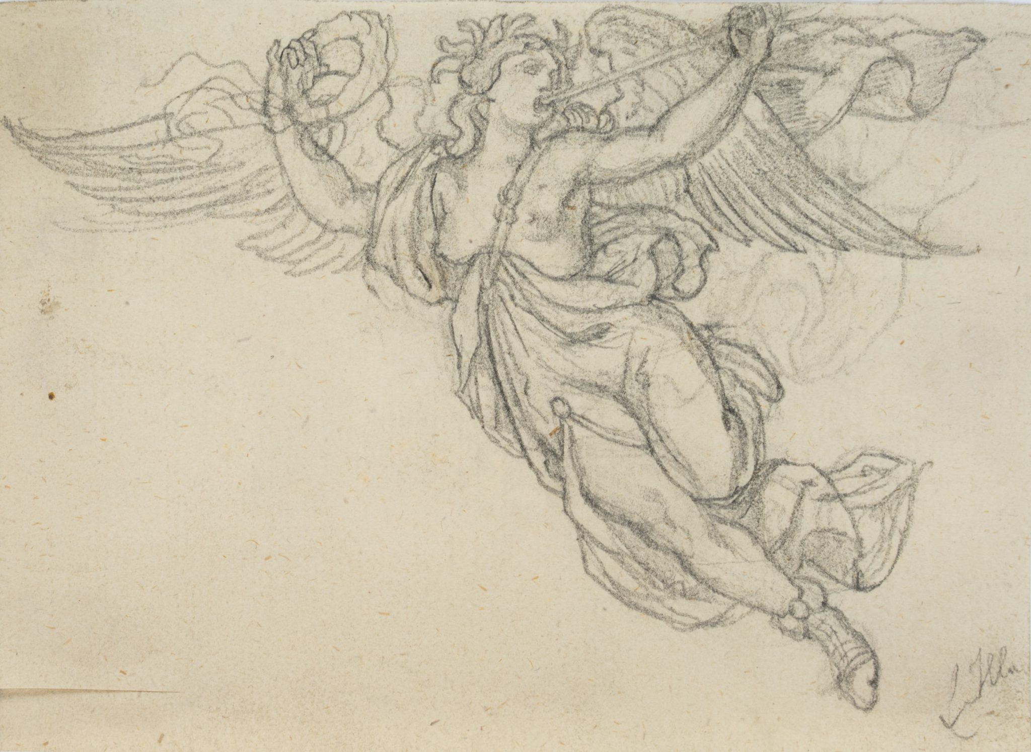 Fliegender Engel mit Siegeskranz und Horn