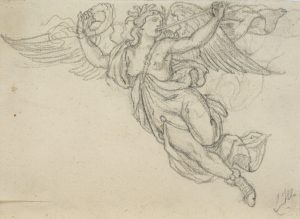 Fliegender Engel mit Siegeskranz und Horn