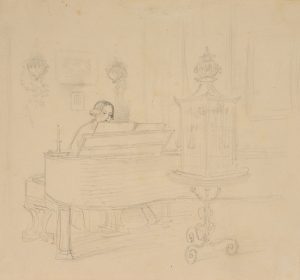Interieur mit Dame am Flügel spielend