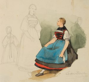 Mädchen in Zürcher Tracht und Zeichenübungen