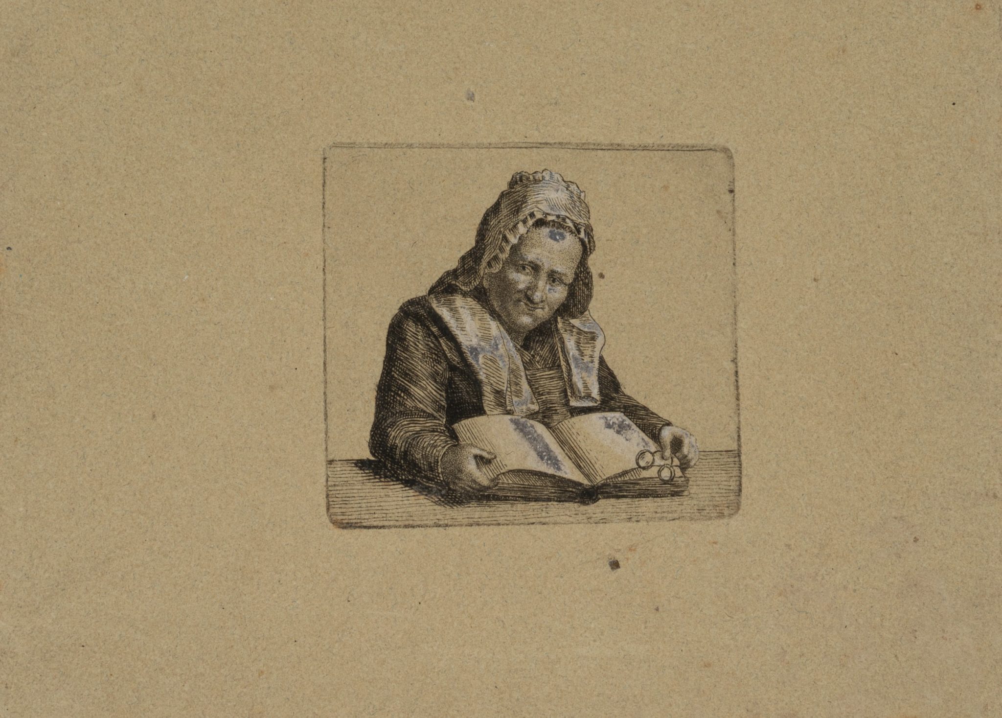 Portrait einer Frau mit Haube ein Buch lesend