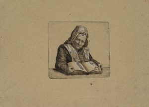 Portrait einer Frau mit Haube ein Buch lesend