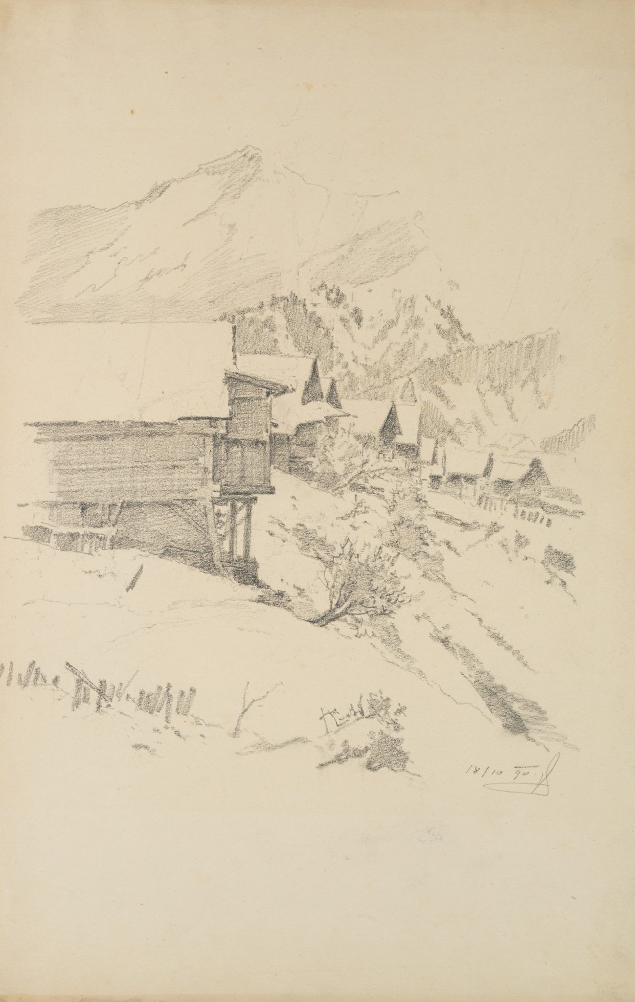 Alpendorf mit Alpenhütten im Schnee