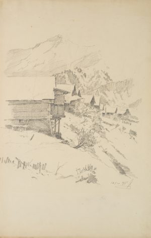 Alpendorf mit Alpenhütten im Schnee