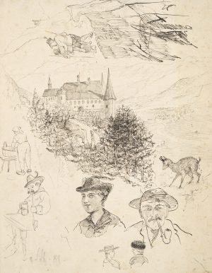 Blick auf ein Schloss in der Landschaft, weitere Skizzen
