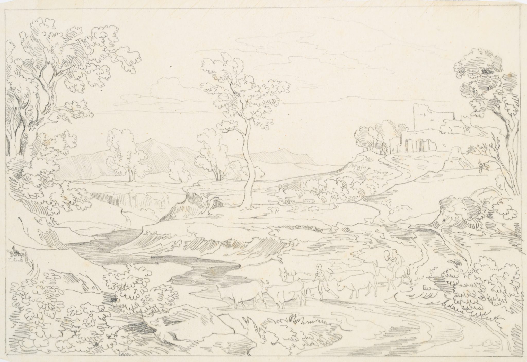 Arkadische Landschaft mit Hirten und Vieh