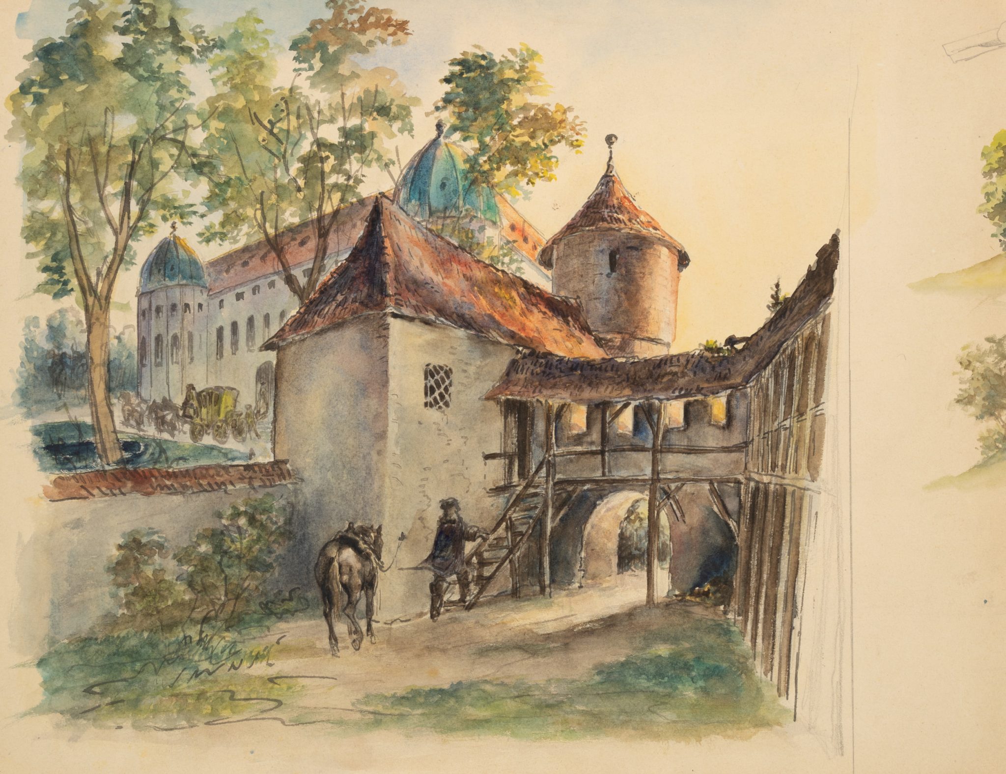 Ansicht einer Schlossanlage mit Reiter u. Pferd
