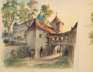 Ansicht einer Schlossanlage mit Reiter u. Pferd