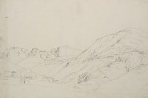 Blick auf Hochland mit kleinen Ortschaften und Gebirgsfelsen
