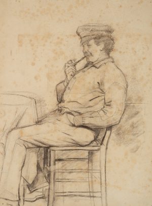 Mann mit Pfeife. Ganzfiguriges Sitzportrait im Profil