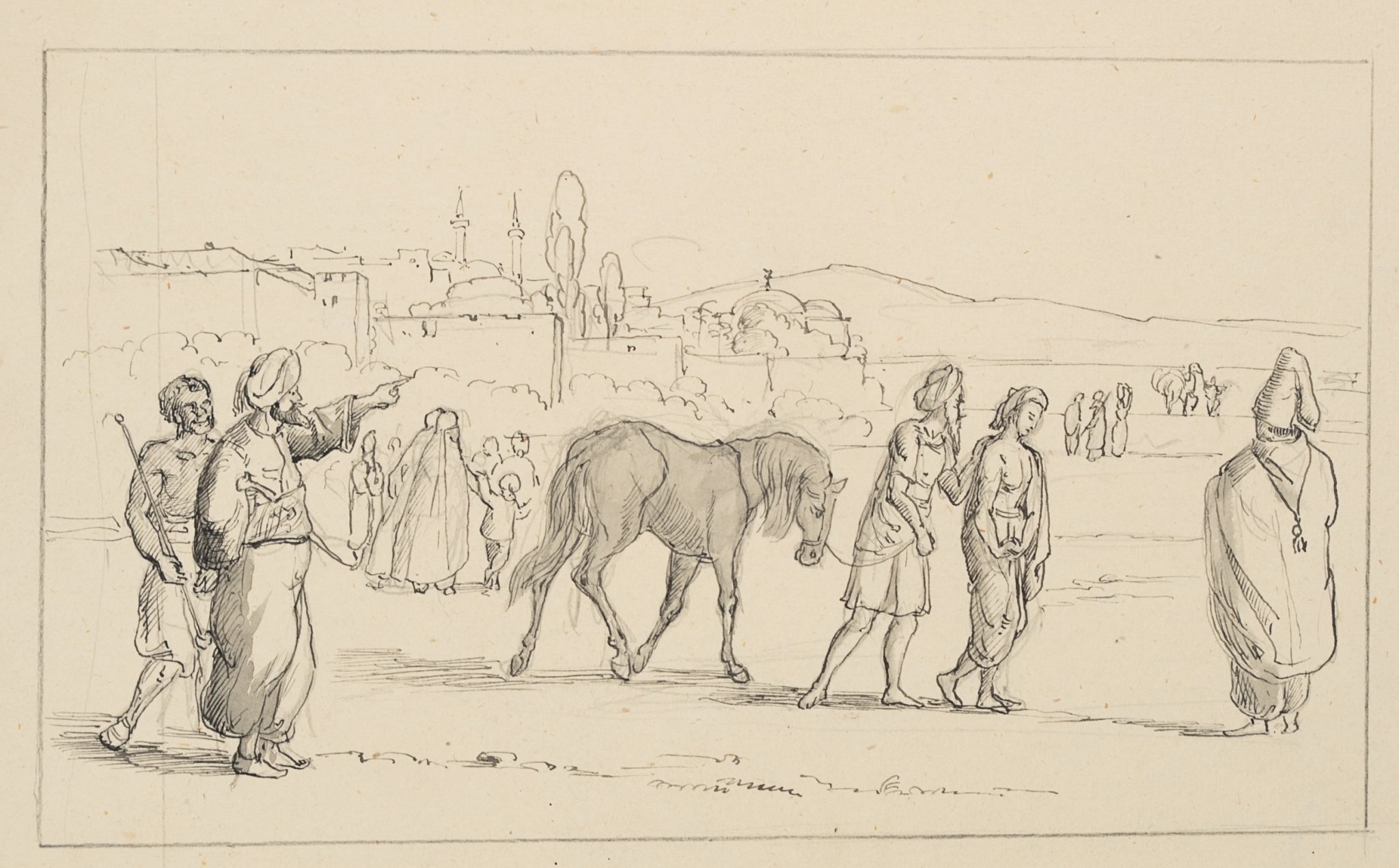 Paar mit Pferd, das aus der Stadt verwiesen wird