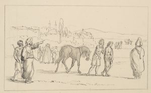 Paar mit Pferd, das aus der Stadt verwiesen wird