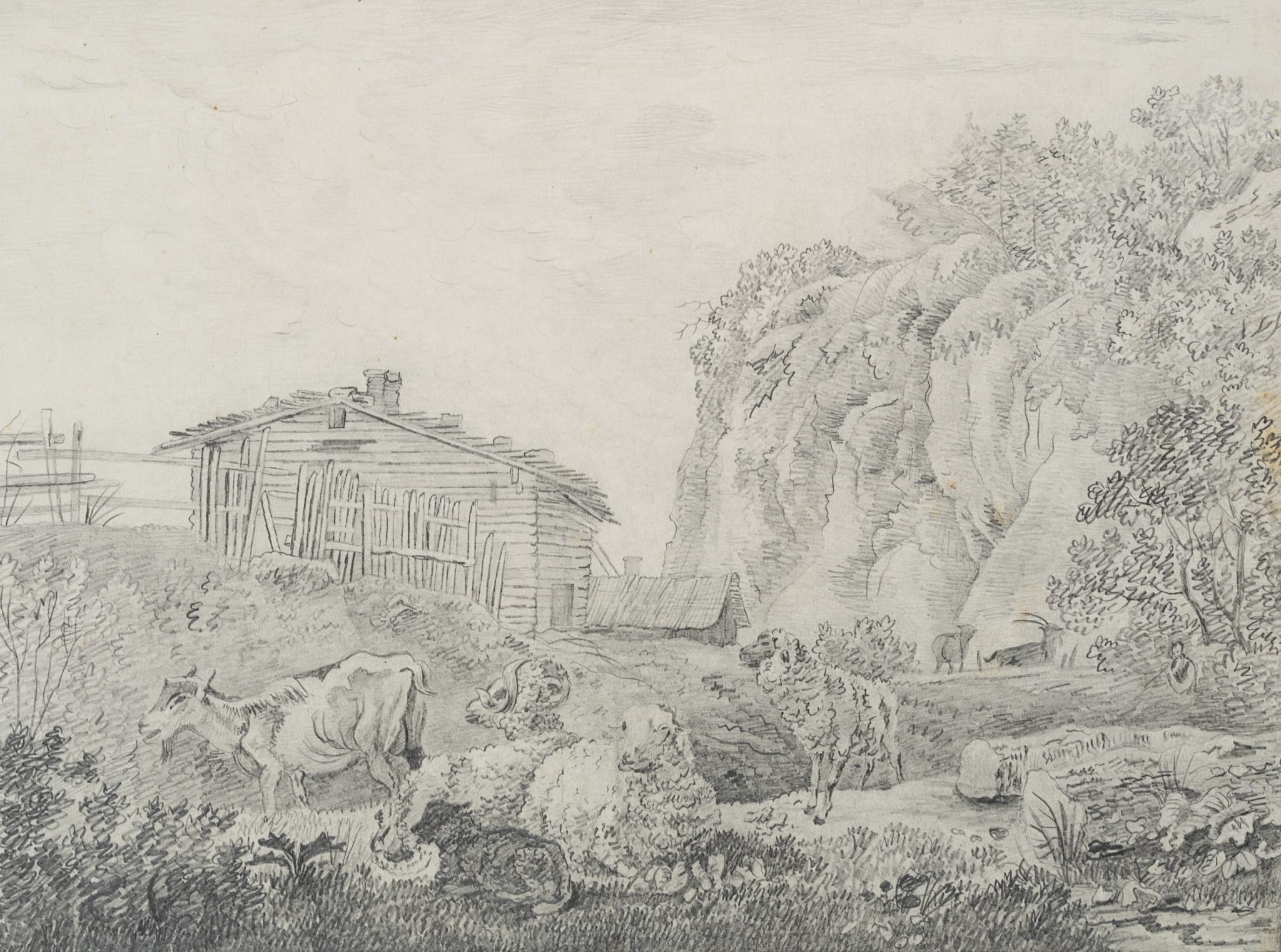 Landschaft mit rastenden Ziegen und Schafen vor Felswand