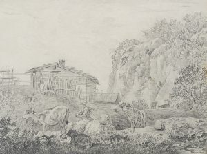 Landschaft mit rastenden Ziegen und Schafen vor Felswand