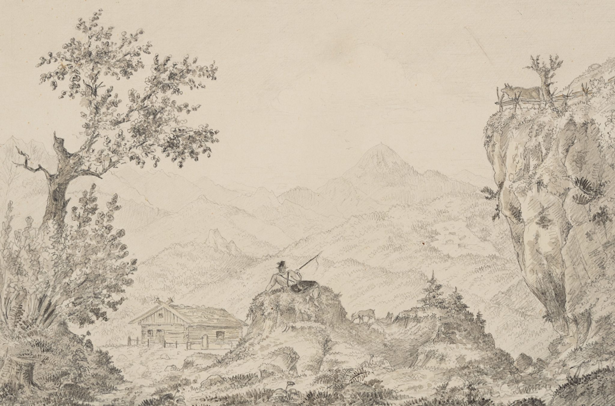 Pastorale Landschaft mit rastendem Hirten mit Ziegen