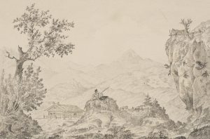 Pastorale Landschaft mit rastendem Hirten mit Ziegen