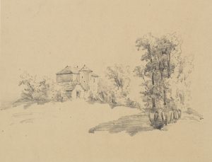 Blick auf Bäume und Sträucher um eine Hofanlage