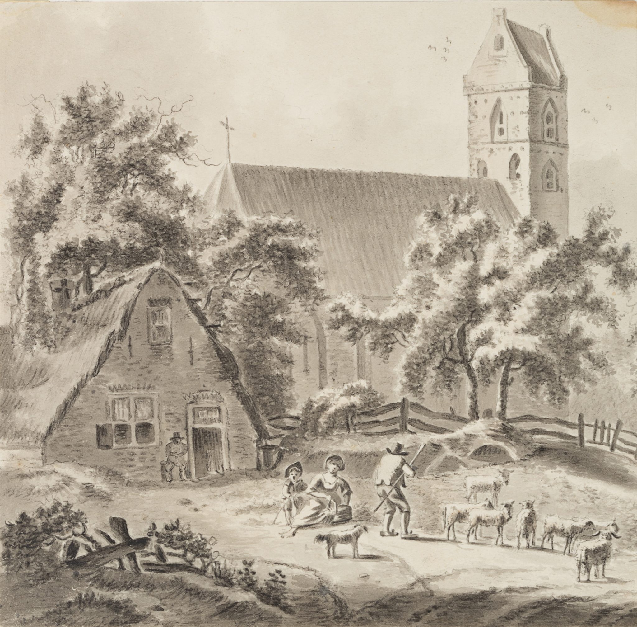 Dorfansicht. Dorfkirche mit Landleuten auf dem Vorplatz