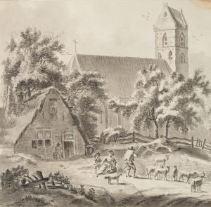 Dorfansicht. Dorfkirche mit Landleuten auf dem Vorplatz