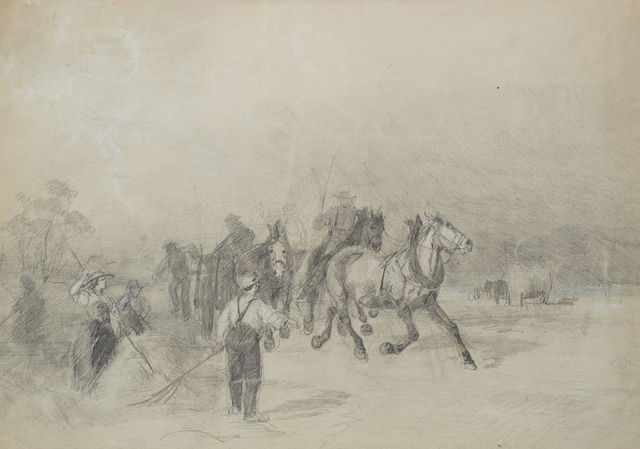 Landarbeiter auf dem Feld mit Pferden