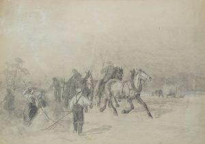 Landarbeiter auf dem Feld mit Pferden