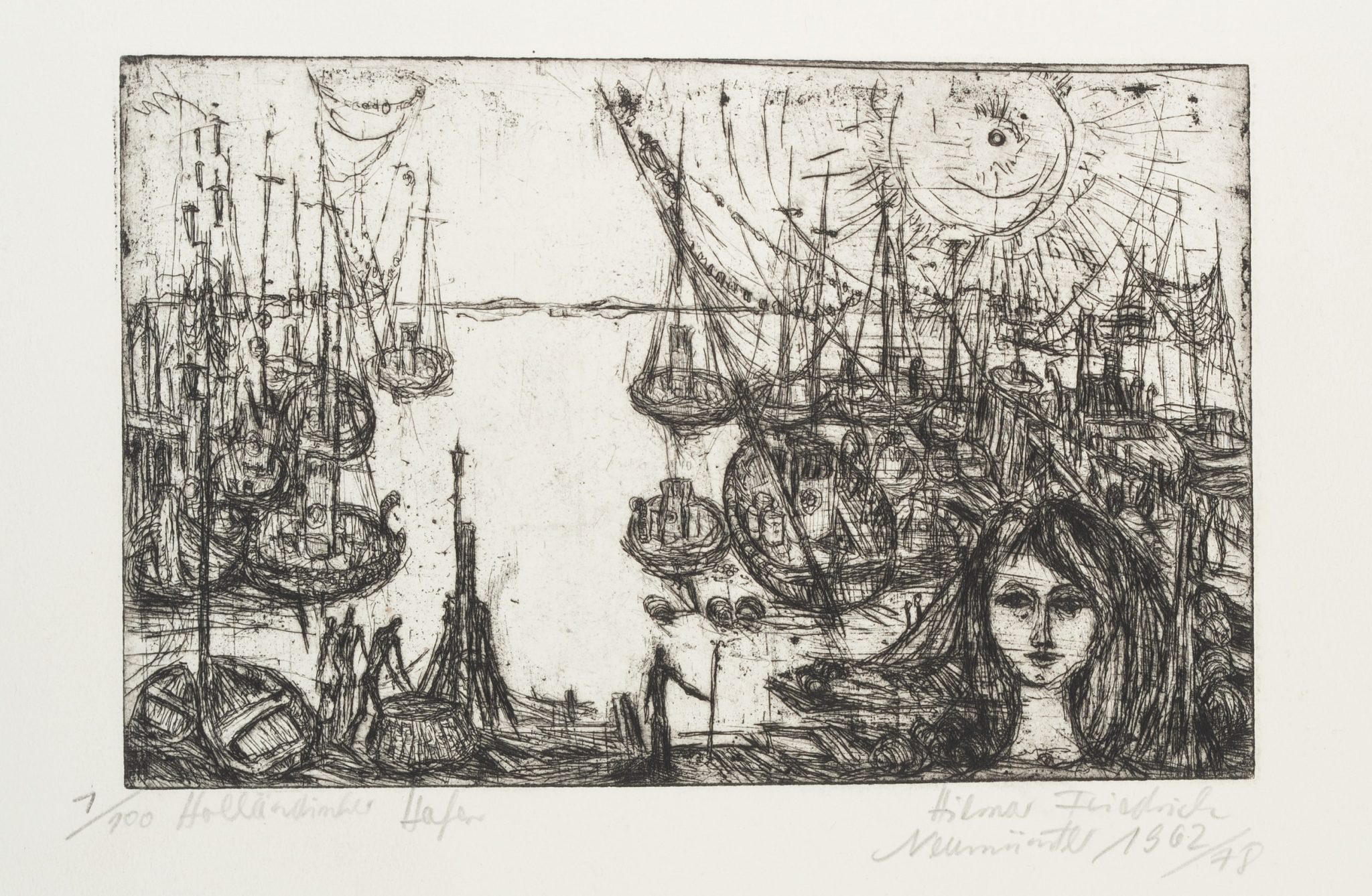 Holländischer Hafen mit Schiffen und Nixe