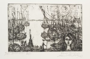 Holländischer Hafen mit Schiffen und Nixe
