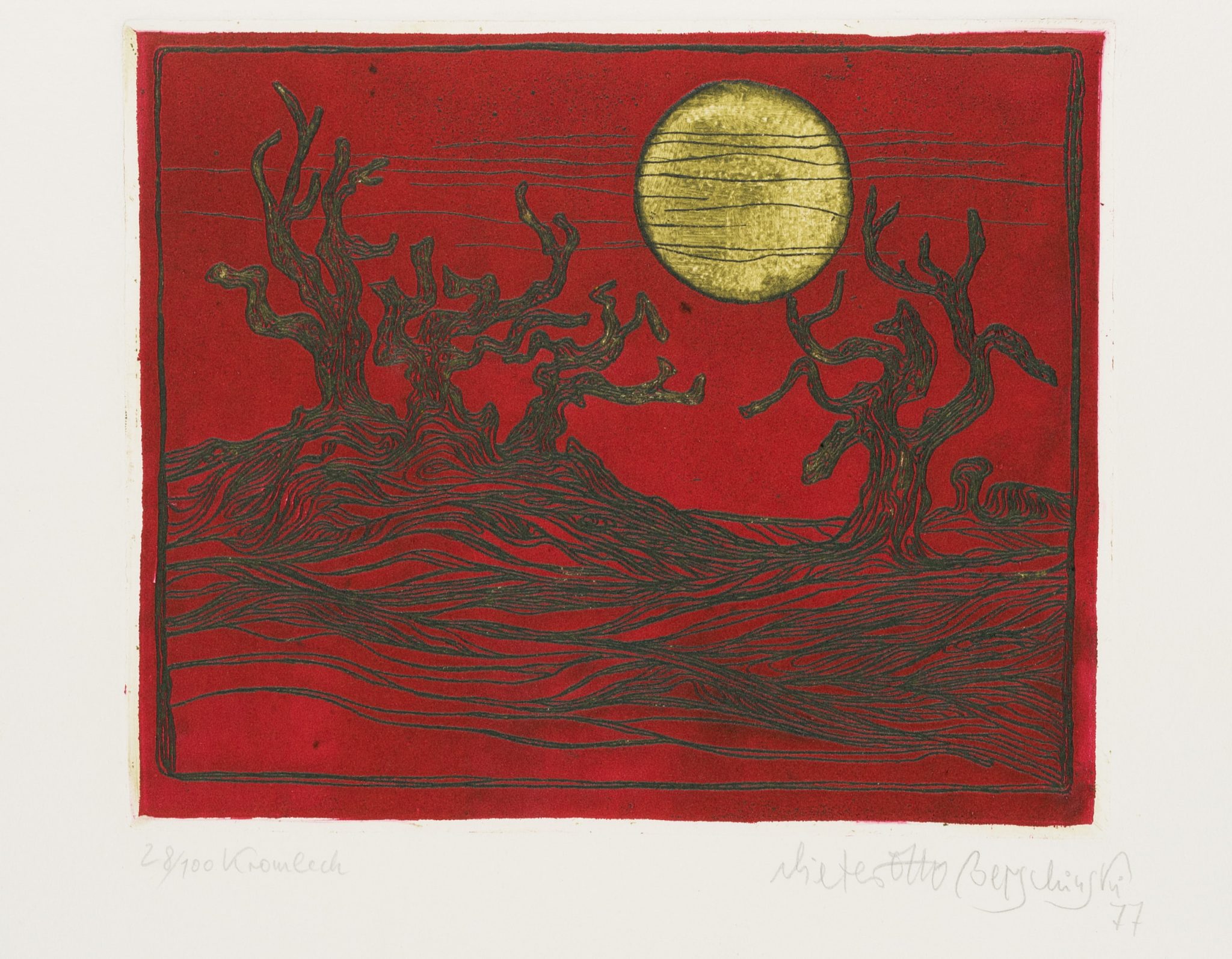 Rote Landschaft mit Bäumen und Sonne