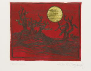 Rote Landschaft mit Bäumen und Sonne