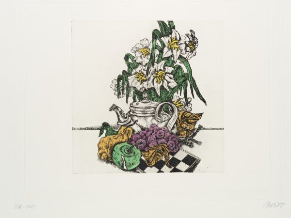 Aus der Sammlung „Stillleben & Vanitas": Arrangement aus Blumen, Kanne und Früchten