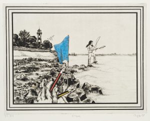 "Elbe". Blick auf Flussufer mit angelndem Mädchen