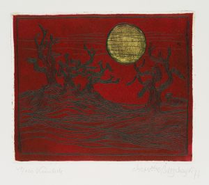 Rote Landschaft mit Bäumen und Sonne